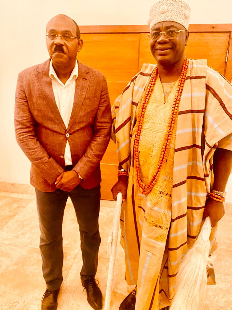 L-R: Prime Minister of Antigua and Barbuda, Gastone Brown with Alara of Epe, Oba (Dr.) Olufolarin Kayode Ogunsanwo during the visit by the Monarch to the Island... recently.